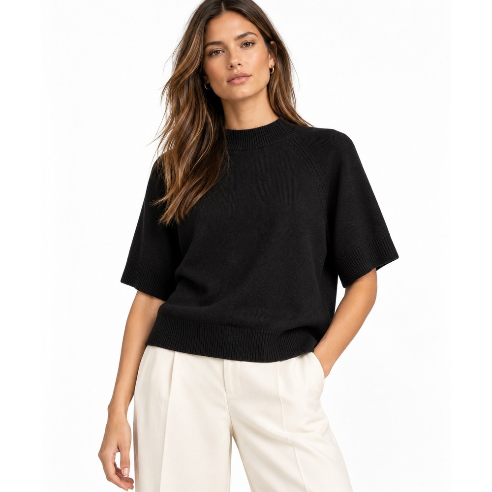 Vince Camuto Womens Short Sleeve Raglan Mock Neck Sweater Rich Black Large NEW